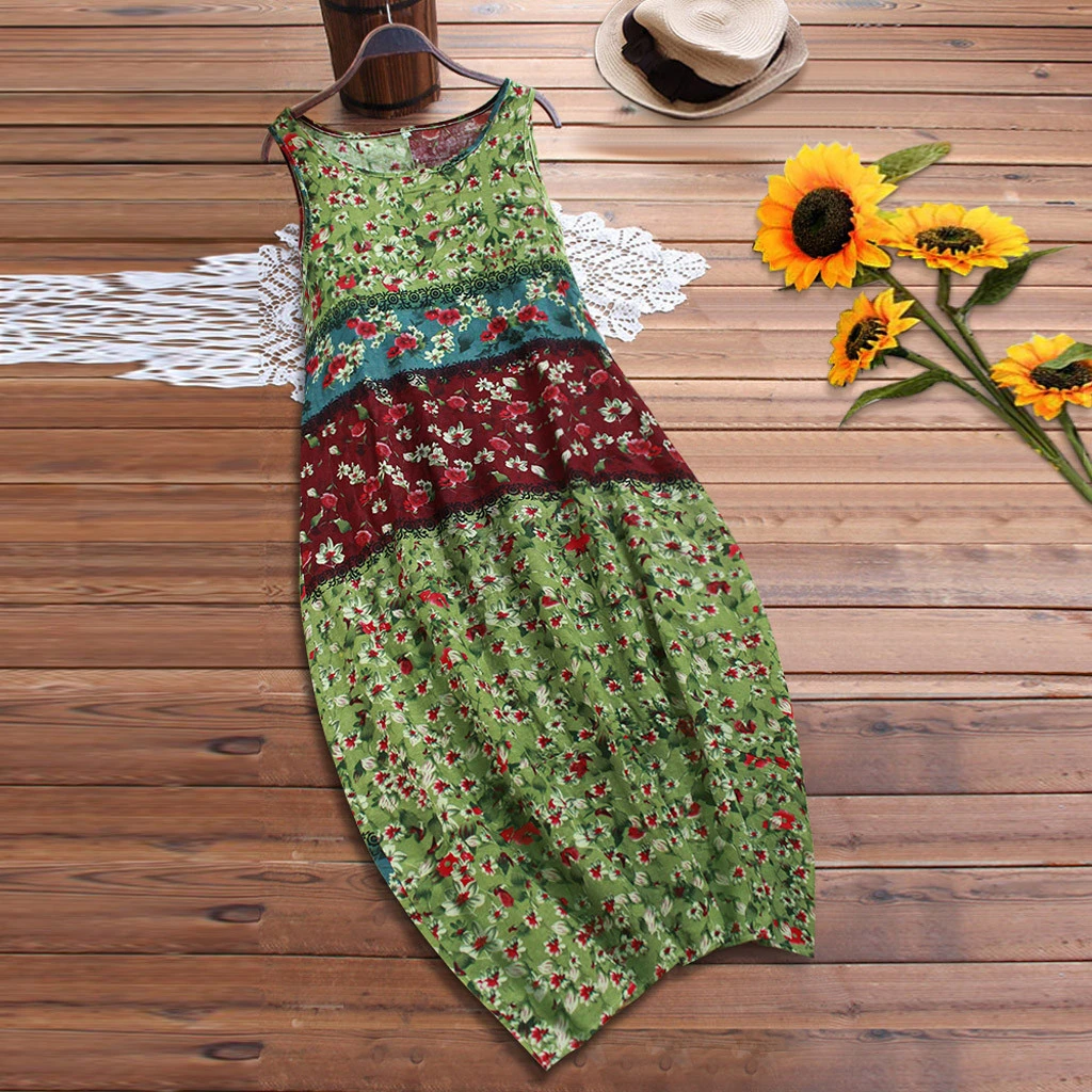 JAYCOSIN модное платье женское винтажное богемное платье с цветочным принтом без рукавов с круглым вырезом на бретелях Макси платье для девочек цвет свободный женский 724