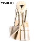 Женская повседневная одежда YISOLIFE, хлопковое пальто большого размера с большими карманами, модное кашемировое пальто из ягненка, теплое длинное женское пальто с меховым воротником, однотонное