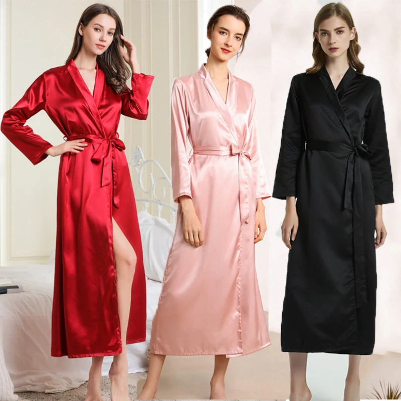 

Sexy Women's Extra Long Bathrobe Silky Satin Wedding Bride Bridesmaid Robe Lengthened Sleepwear Nightgown Homewear Dressing Gown