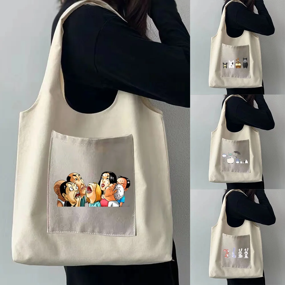 

Shopping Bag Ladies Large Capacity Travel Environmental Protection Foldable Cartoon Printing Pocket Messenger Shoulder Handbags