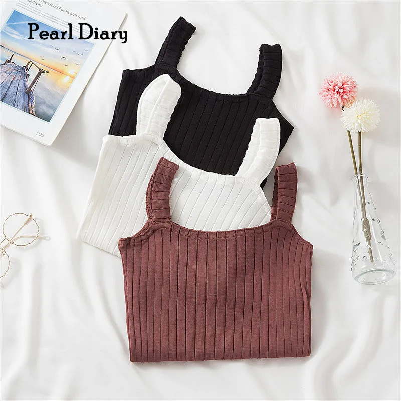 

Pearl Diary Women Basic Knitting Tops Summer Solid Color Rib Knitted Crop Top Sleeveless Skinny Going Out Tank Tops For Girls