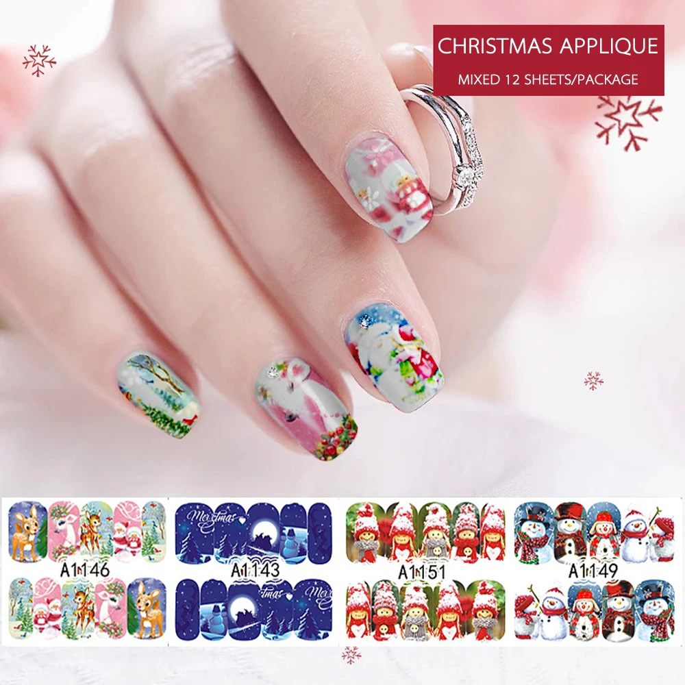 12Pcs Christmas Winter Popular Water Slide Nail Art Sticker Self-Adhesive DIY Decals Tips Snowman Manicure Stickers Decal | Красота и