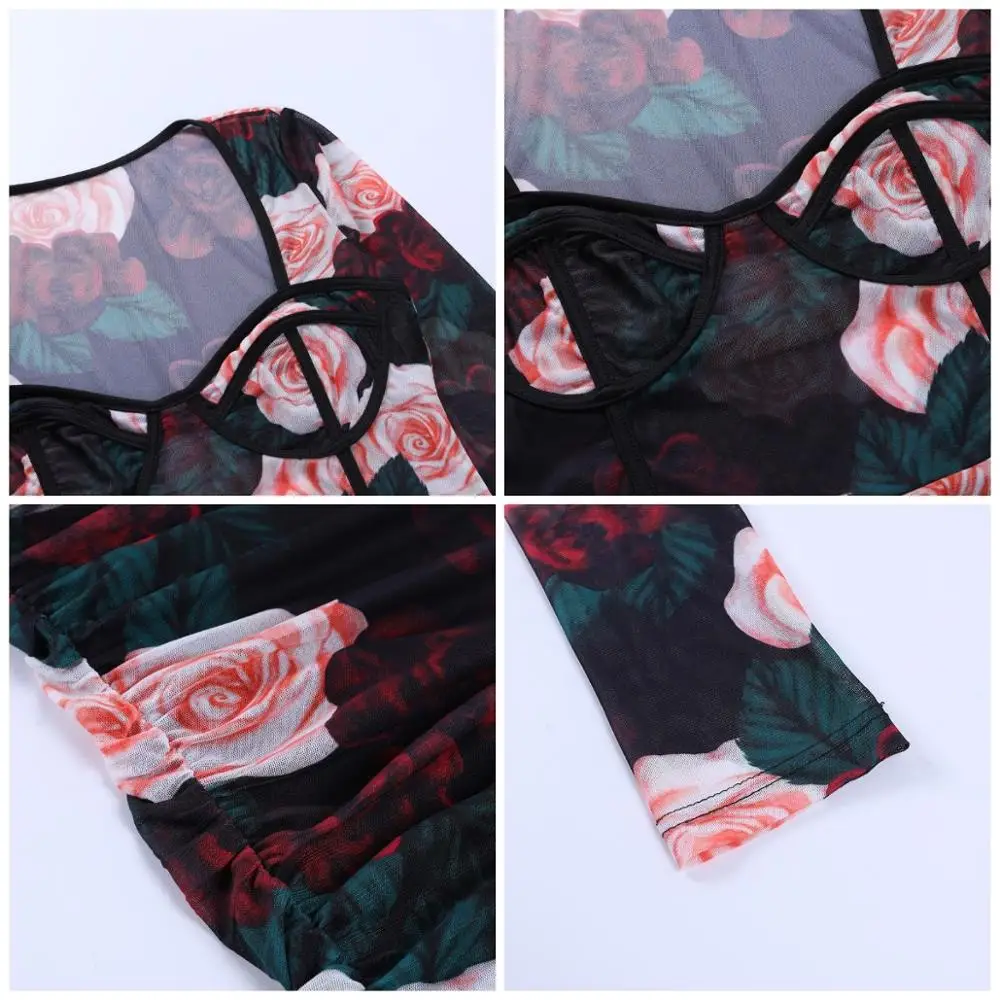 

Cybill Mesh Print Floral Mini Dress Square Collar Ruched Club Party Dress See Thought Short Bodycon Dresses Women 2020