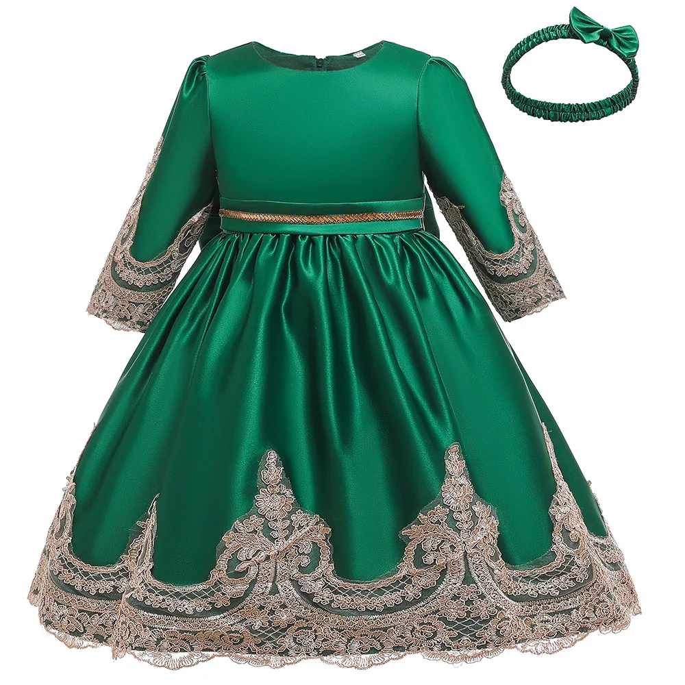 Детское платье с длинными рукавами кружевное бантом вечернее + головной убор для