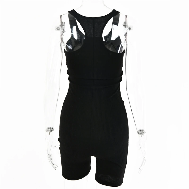

2021 Sleeveless Halter Solid Backless Ribbed Skinny Bodycon Playsuit Autumn Winter Women Streetwear Casual Romper