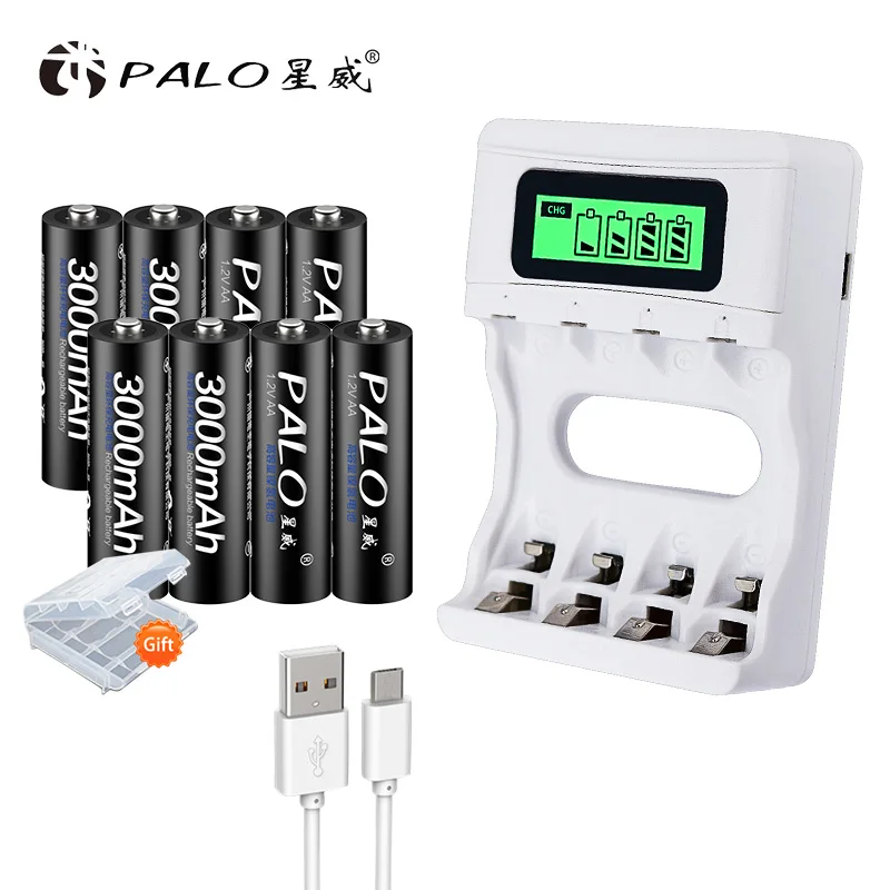 8pcs and charger PALO 4 шт./лот AA Аккумуляторная батарея AA Ni-MH 3000mAh 1,2 V Ni-MH 2A батареи recargables батарея для камеры игрушки - Цвет: 8pcs and charger