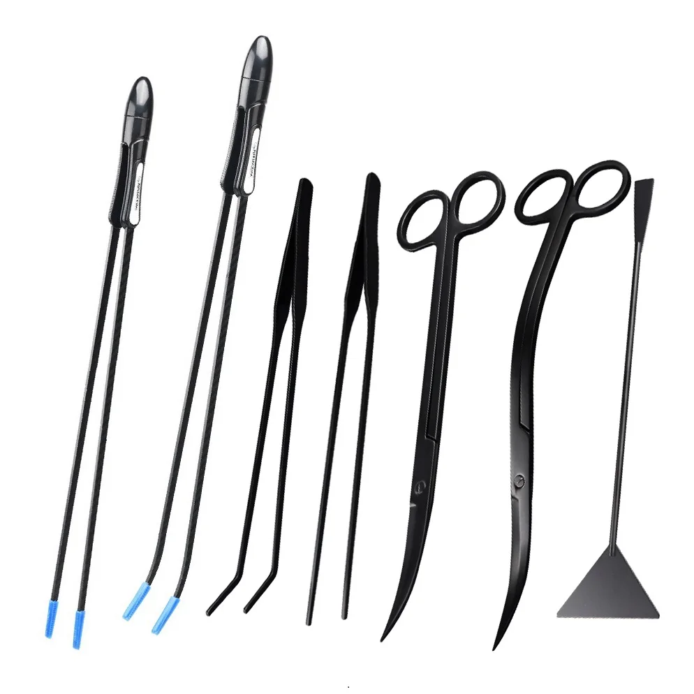 Coral Plants Scissors Black Metal Tweezers Spatula Tank Cleaning Tools Kit Prevent Seawater Corrosion for Aquarium Fish Tank