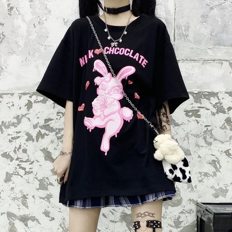 

2021 Summer Vintage Harajuku Girl Tops Punk Cute Rabbit Cartoon Letter Print Oversized Loose Female T-shirt Women Gothic Clothes