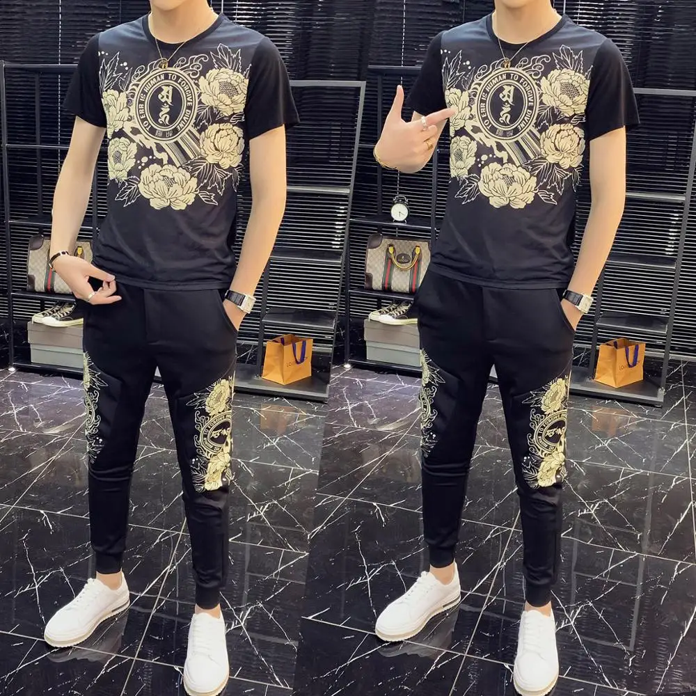 

Summer Fashion Two Piece Set Men Tracksuit Slim Fit Outfits Men Printed Short Sleeve T Shirt And Pant Casual Street Sportswear