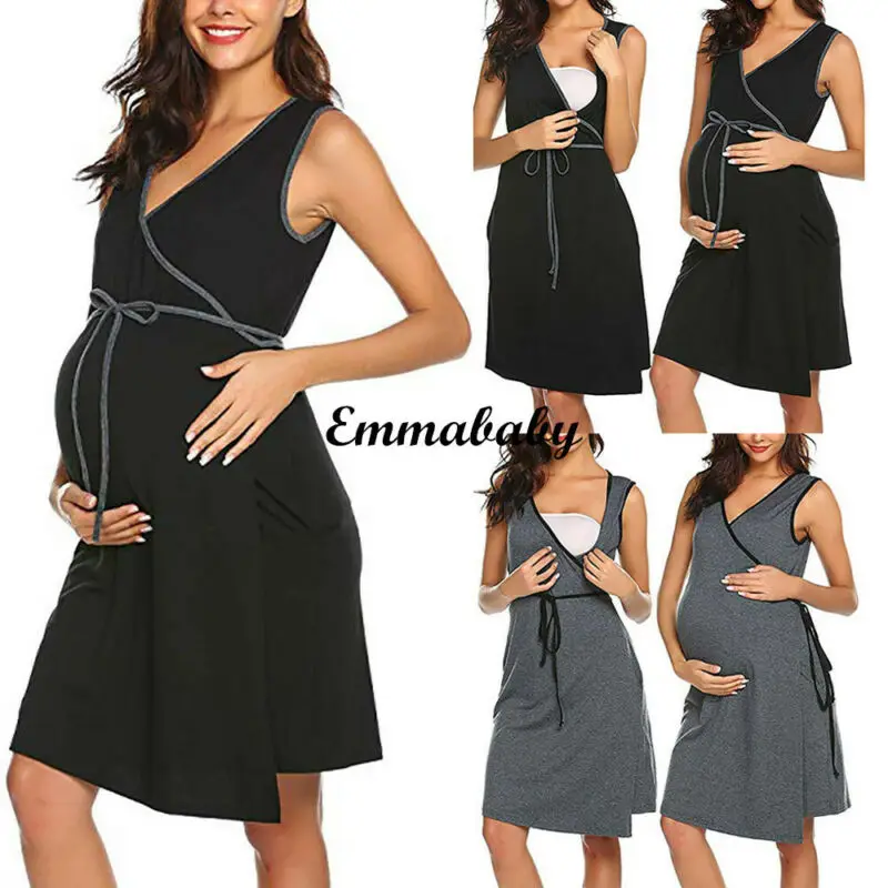 

Emmababy Women's Maternity Sleeveless V Neck Bandage Casual Soft Dress Breastfeeding Nursing Dress Pregnant Clothes