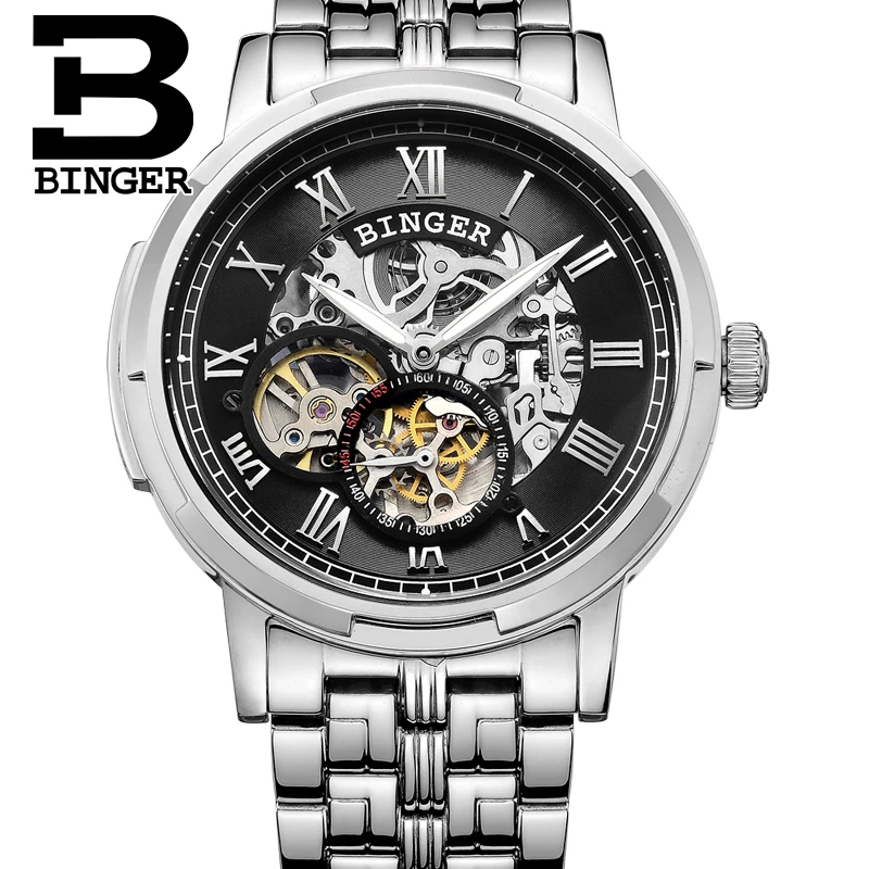 Механические роскошные часы с скелетом Бингер автоматические мужские из