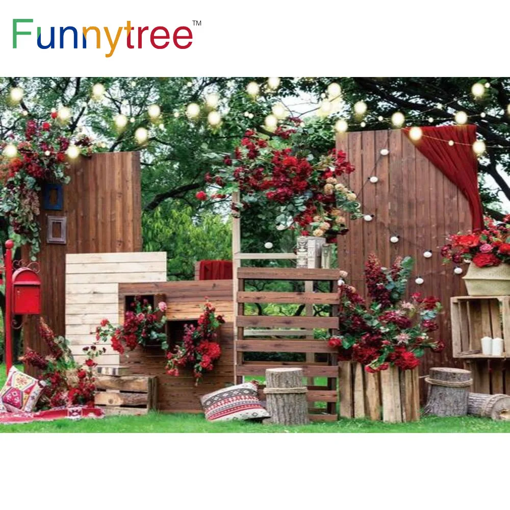 

Funnytree Spring Wedding Birthday Party Wood Piles Backdrop Trees Lights Trees Red Flowers Outdoor Photography Props Background