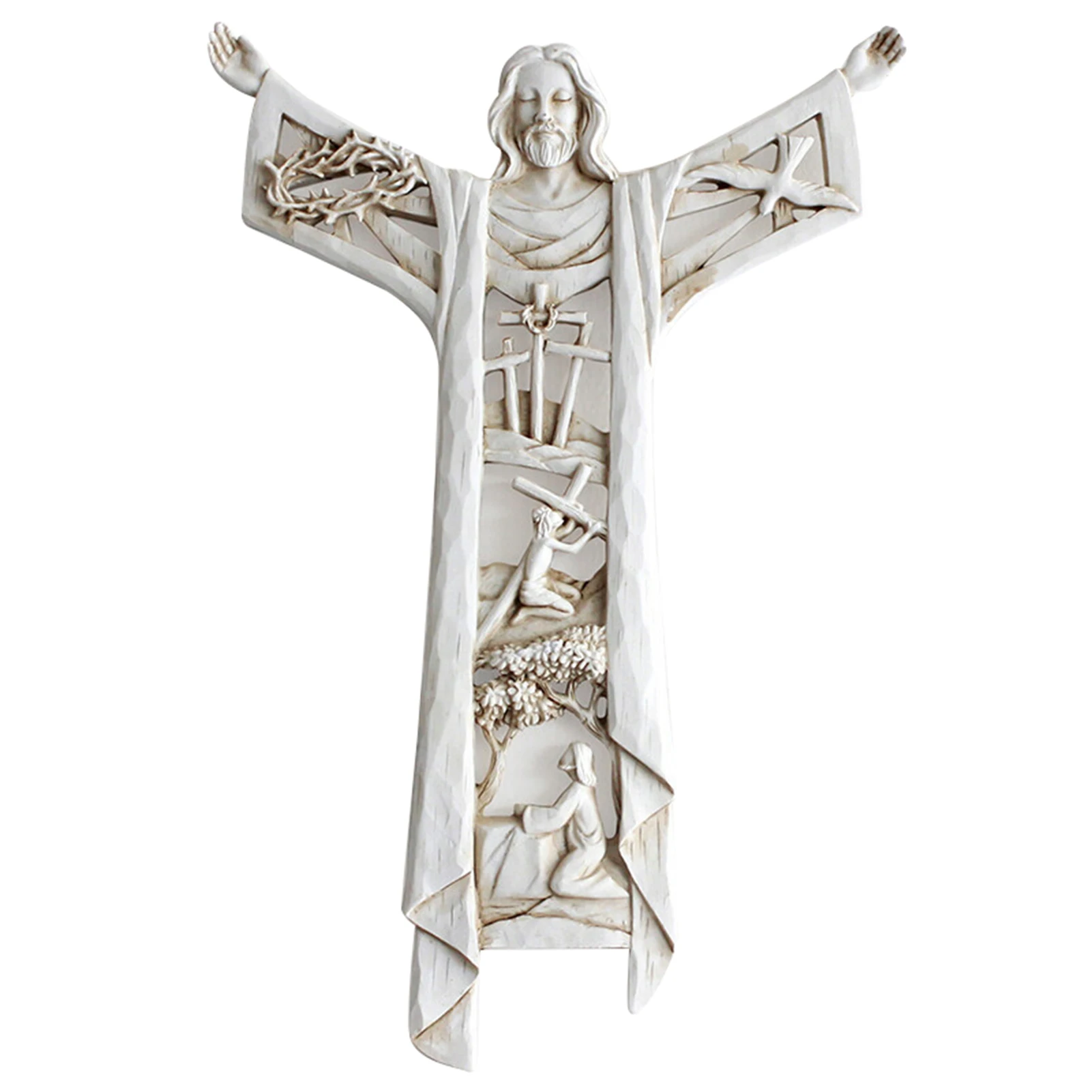 

A Risen Christ Wall Cross Statue Religious Resin Jesus Figure Hanging Wall Ornament Hollow Design for Home INTE99