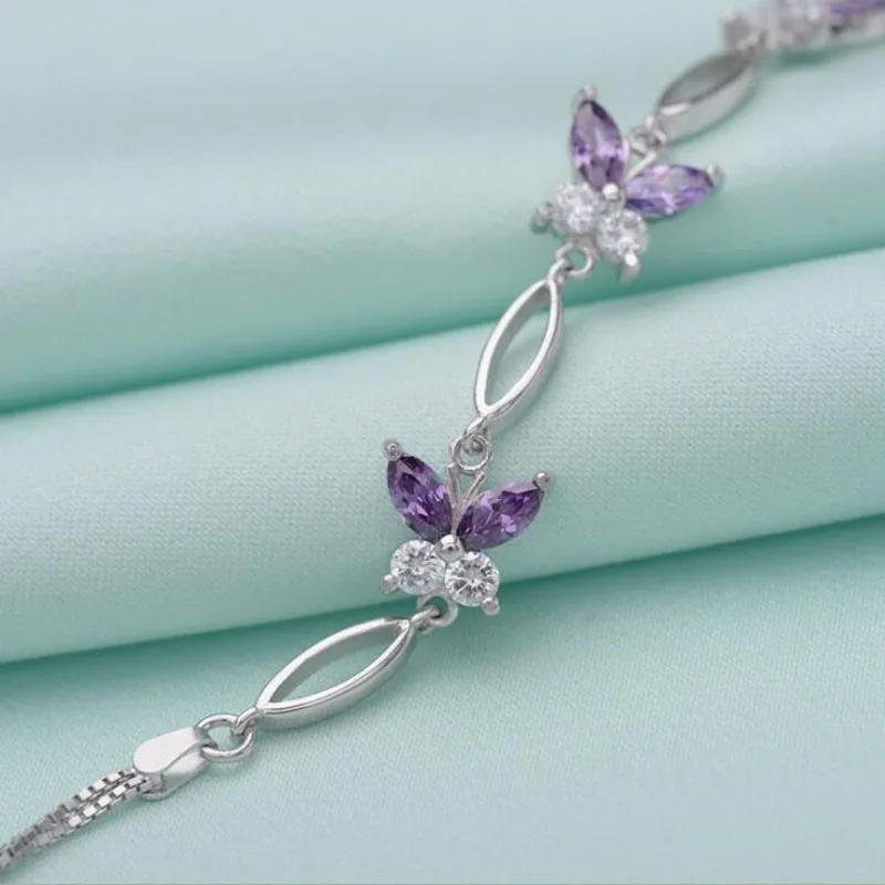 

New Arrival 925 Sterling Silver Purple Zircon Dream Butterfly Clear CZ Charms Bracelets for Women Fine Jewelry