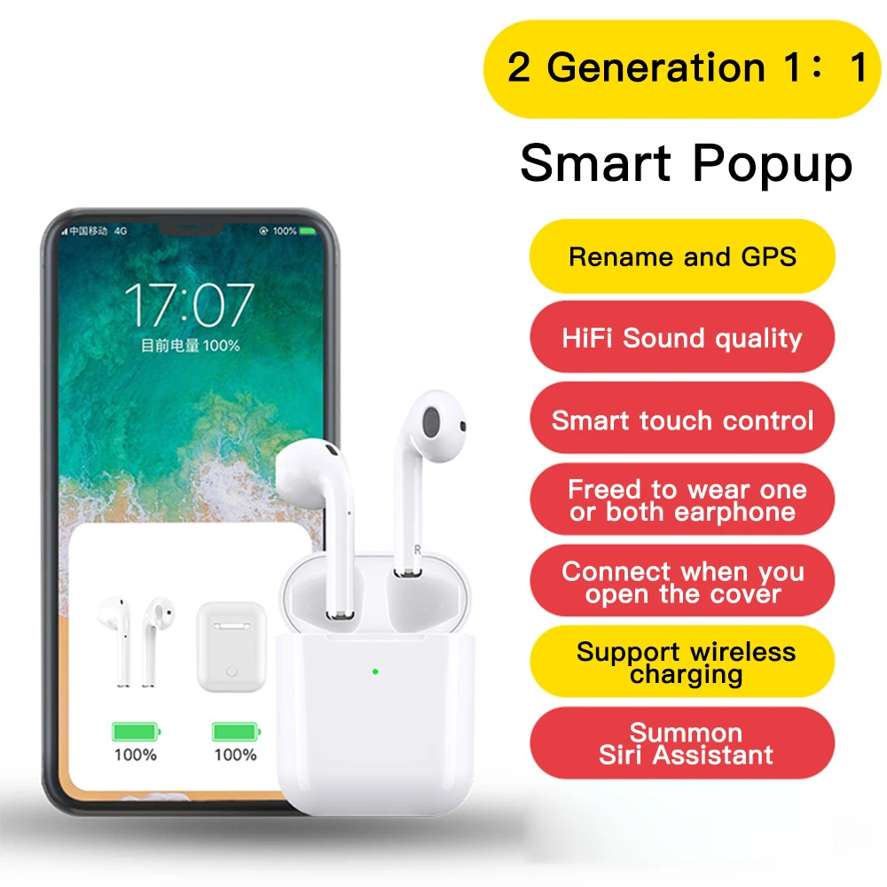 Беспроводные наушники Airpods Pro, Bluetooth 5,0 безпроводные наушники, наушники с функцией активного шумоподавления и функцией обнаружения, 3D стерео наушники для Apple Airpods Pro Беспроводные наушники bluetooth - Цвет: Air 2 Rename GPS