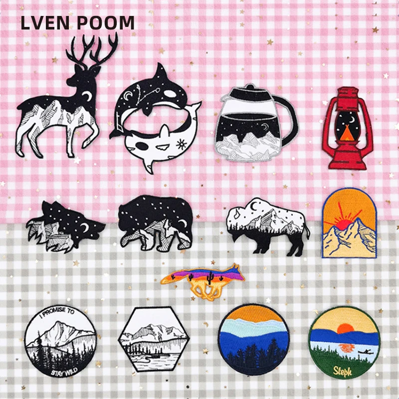 

Black and white landscape embroidery patches Black and white animals Patches on clothes stickers sewing fusible Badges