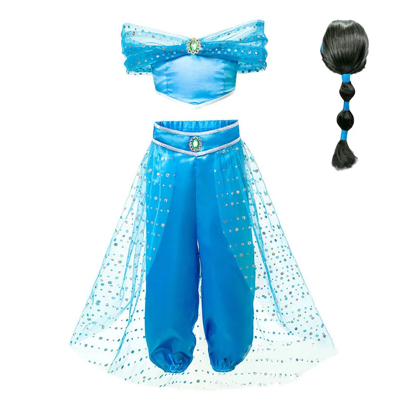 Clothes and Wig Платье принцессы жасмин для девочек; Детский костюм Елены; детская одежда для карнавала, дня рождения, вечеринки, Рождества, костюмированной вечеринки; Детская повязка для волос - Цвет: Clothes and Wig