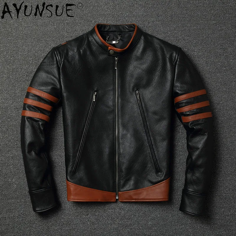 

Мужская кожаная куртка AYUNSUE, из натуральной овечьей шкуры, винтажная мотоциклетная куртка, кожаная куртка, J6662