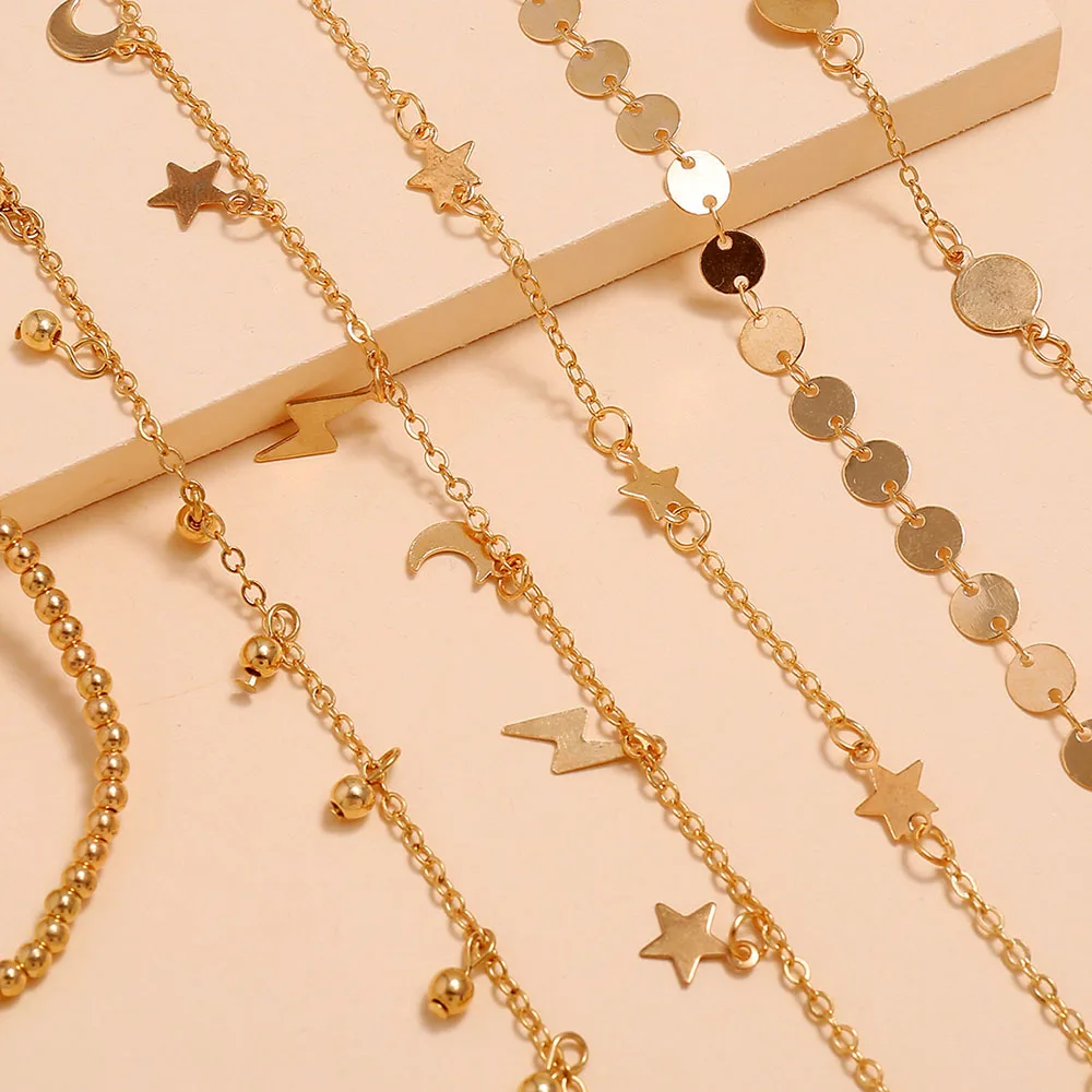 

Modyle 6PCS Ankle Bracelet Set Boho Jewelry Chains Infinity Round Charm Bracelets Gold Women Copper Metal for Women Anklet Foot