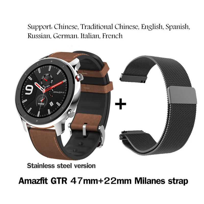 Stainlesssteel-strap Глобальная версия Amazfit GTR 47 мм Смарт-часы с gps 5ATM Водонепроницаемость 24 дня Срок службы батареи 12 спортивный режим управление музыкой+ ремешок - Цвет: Stainlesssteel-strap