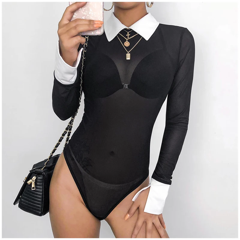 2019 Fashion New Women Sexy Bodysuit Perspective Mesh Turn-down Collar Shirt Long Sleeve Slim Jumpsuit | Женская одежда