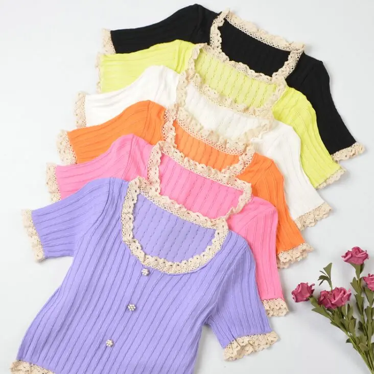 

Girls Patched Lace O-Neck Knitting T-shirt Tops Tees Female Short Sleeve Stretchy Slim Crop Tshirt Tops For Women Real Photos