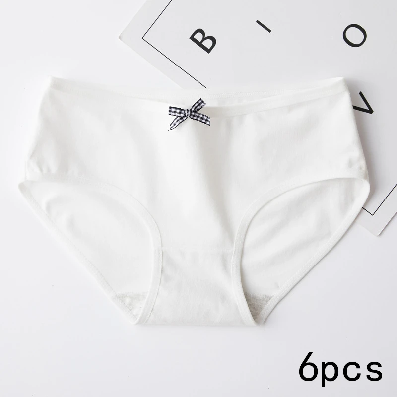 White 6 шт., Дамское хлопковое нижнее белье большого размера со средней талией для девушек, летнее тонкое дышащее нижнее белье с бантом, женские хлопковые трусики - Цвет: White