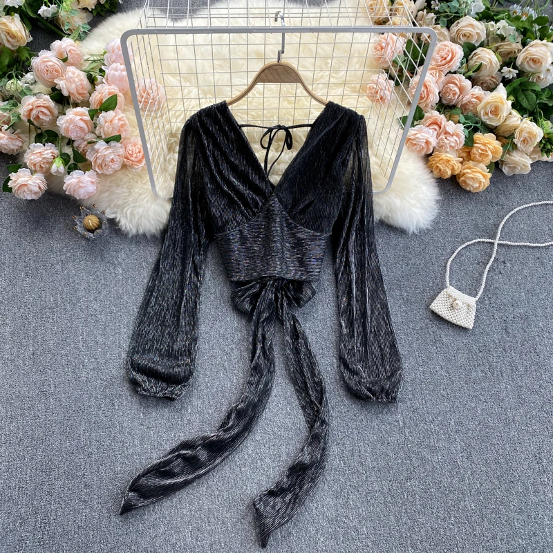 

Women Design Korean Blouse V Neck Puff Sleeve Zipper Solid Short Tops Autumn Fashion Streetwear Slim Blouses DZA462