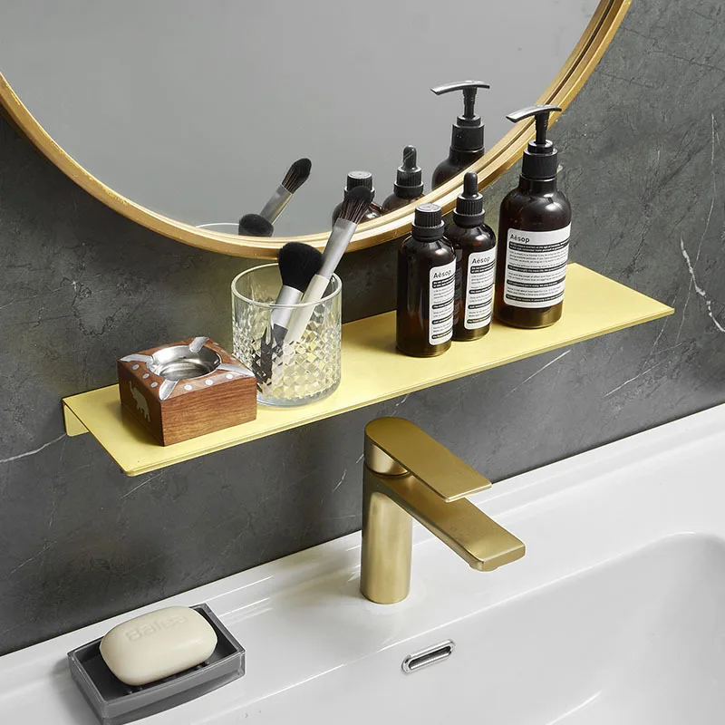 

Алюминиевая Матовая Золотая полка для ванной комнаты, настенная вешалка без отверстий для туалетного столика, зеркало для хранения космети...