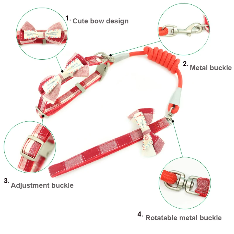 Поводок для ошейника домашних животных клетчатый бант из нейлона регулируемый