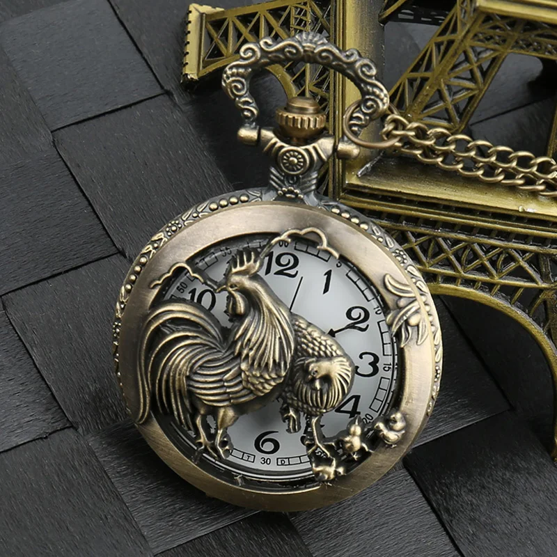 

Bronze Zodiac Chicken Nostalgic Vintage Pocket Watch Large Embossed Hollow Big Rooster Pocket Watch