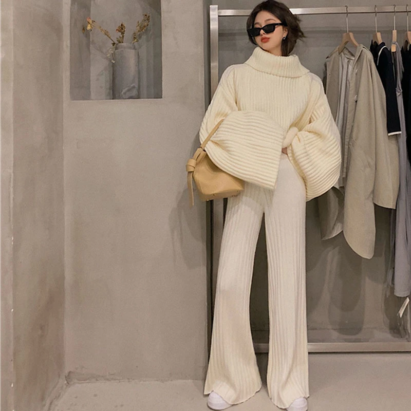 

2021 New white Two Piece Sets Women turtleneck Sweater + Long Wide Leg Trousers Ladies Knitted Suits Streetwear Sweater Suits
