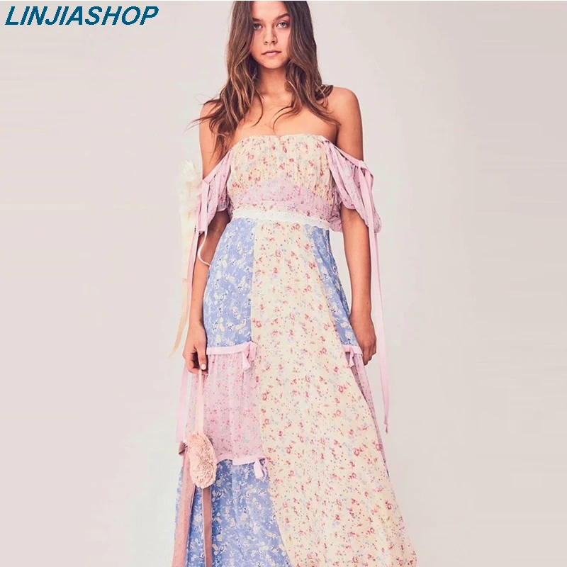 

Boho loveshack summer dress square neck ruffles slim high waist silk-like holiday ins bloggers patchwork special interest dress