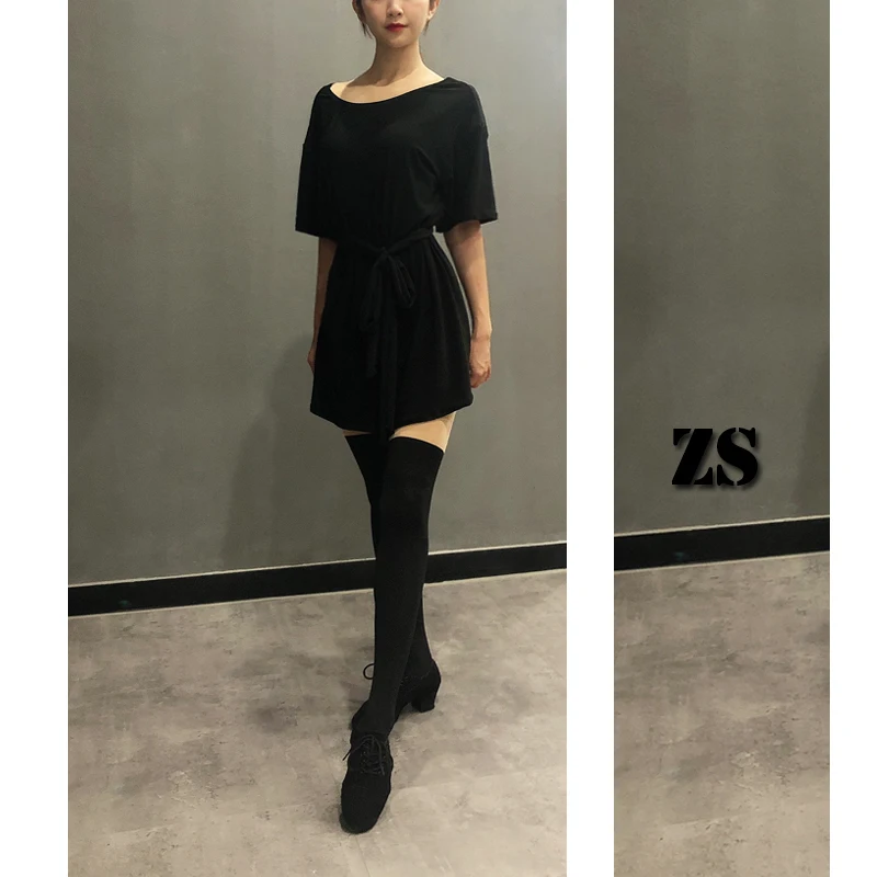 Latin Dance Skirt Loose Beauty Backless Dance Practice Short-sleeved Black Adult Women Latin Rumba Practice Dance clothes Dress