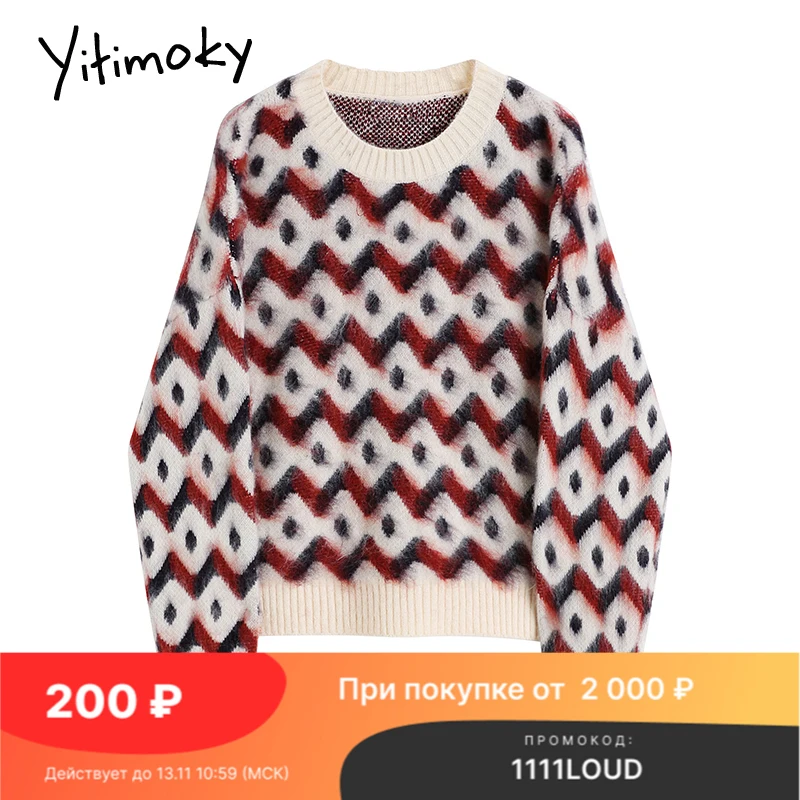 

Женский свитер с узором ромбиками Yitimoky, белый вязаный свитер большого размера с круглым вырезом, повседневная одежда на осень и зиму, 2021