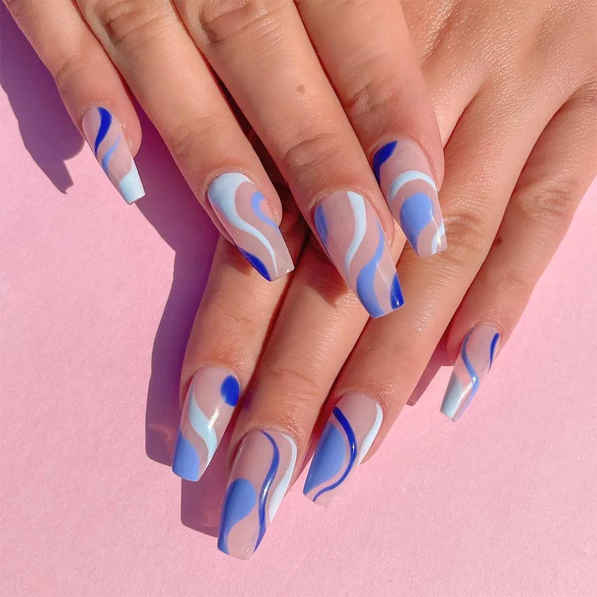 

24pcs Blue Waves Printed Nail Patch Glue Type Removable Long Paragraph Fashion Manicure Save Time False Nail Patch @ME