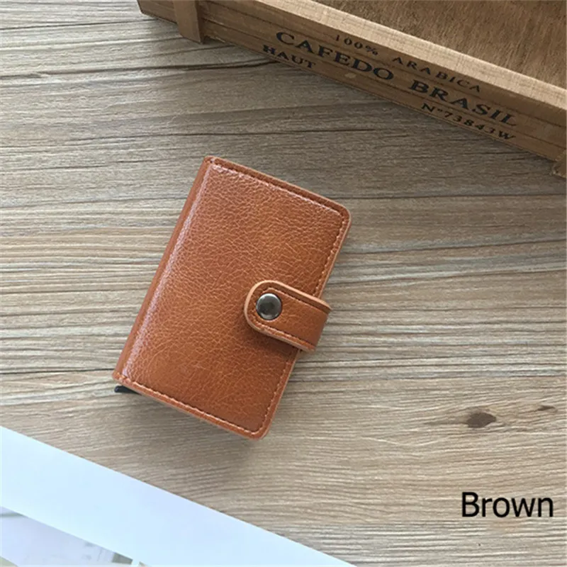 BYCOBECY, новинка, кнопка, кредитный держатель для карт, RFID Блокировка, минималистичный кошелек, всплывающий, защитный чехол для карт, тонкий Противоугонный держатель для ID - Цвет: Brown BAS01