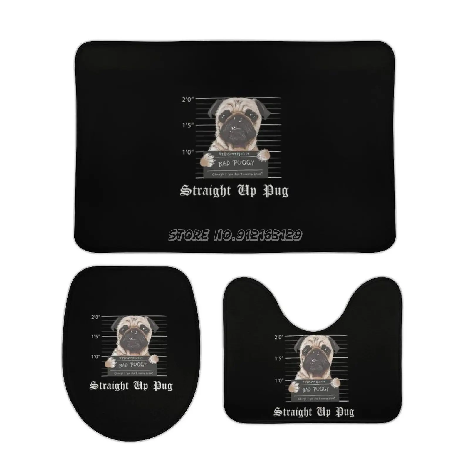 

Thug Pug Straight Up Pug-Living Life in Jail Graphic 3pcs Bathroom Mats Set Bath Rug Non-slip Bath Mat Set Coral Velvet Floor Ma