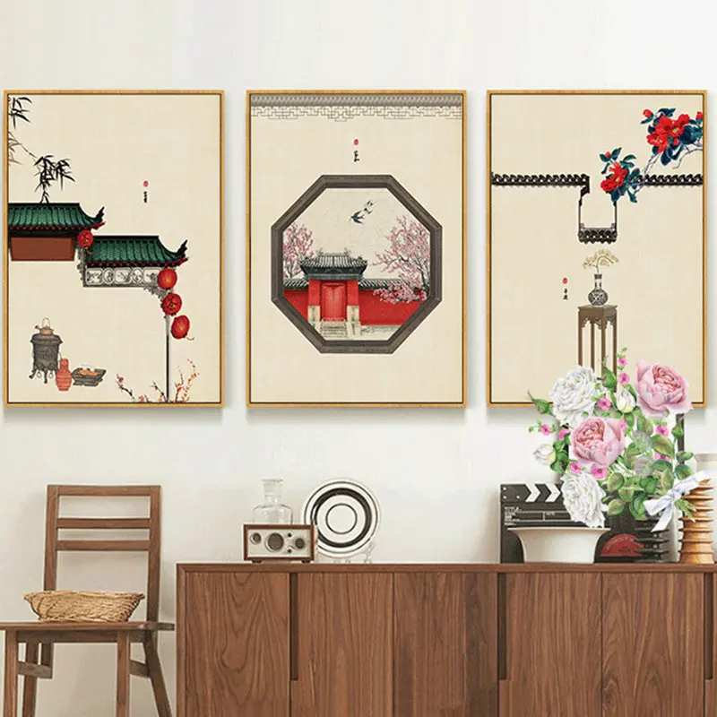 Ancient Buiding Peach Blossom Temple Nordic Poster Print Chinese Style Painting On The Wall Canvas Art Picture for Living Room | Дом и сад