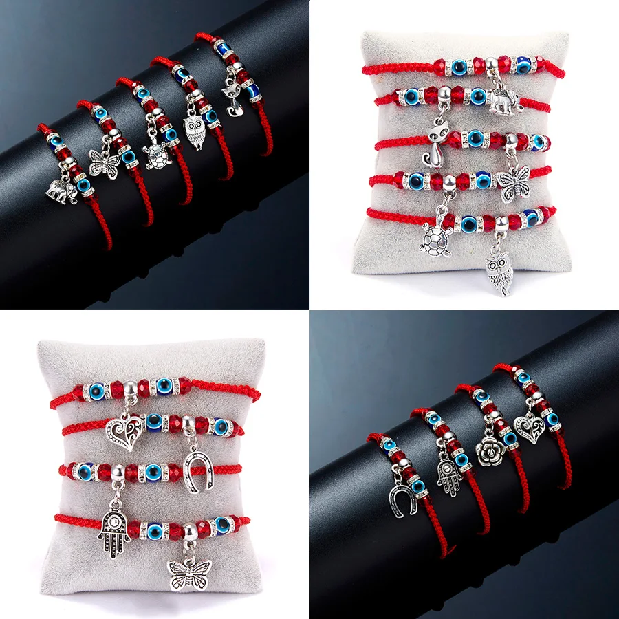 Браслет с подвесками на удачу глаза голубой сглаза черепаха бабочка Сова Кот