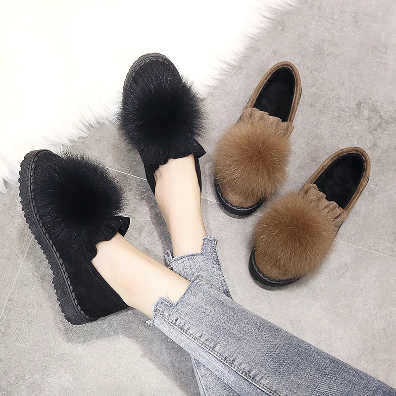 Новинка зимы 2020 модные женские туфли на низком каблуке с плюшевой поверхностью