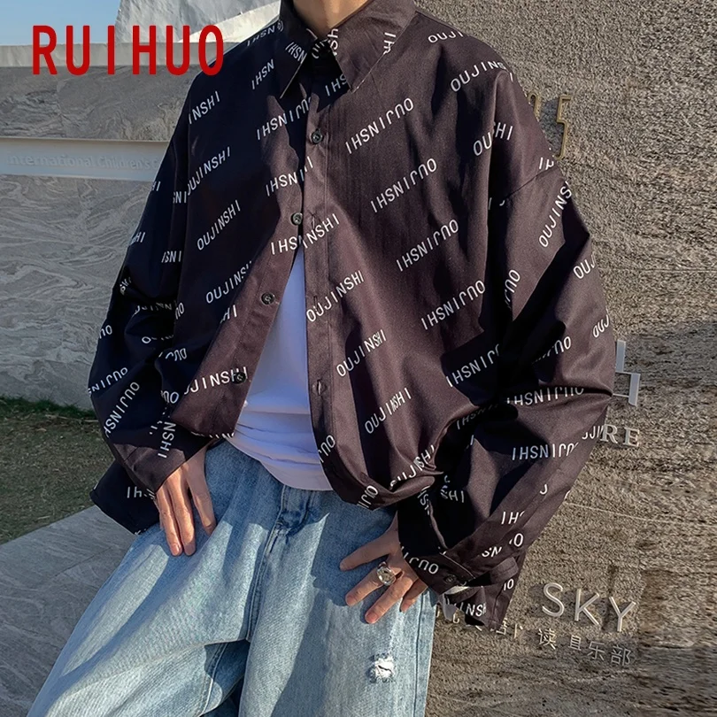 

RUIHUO English Elements Casual Shirts For Men Clothing White Shirt Men Korean Fashion Men Shirts Clothes M-5XL 2021 New Arrival