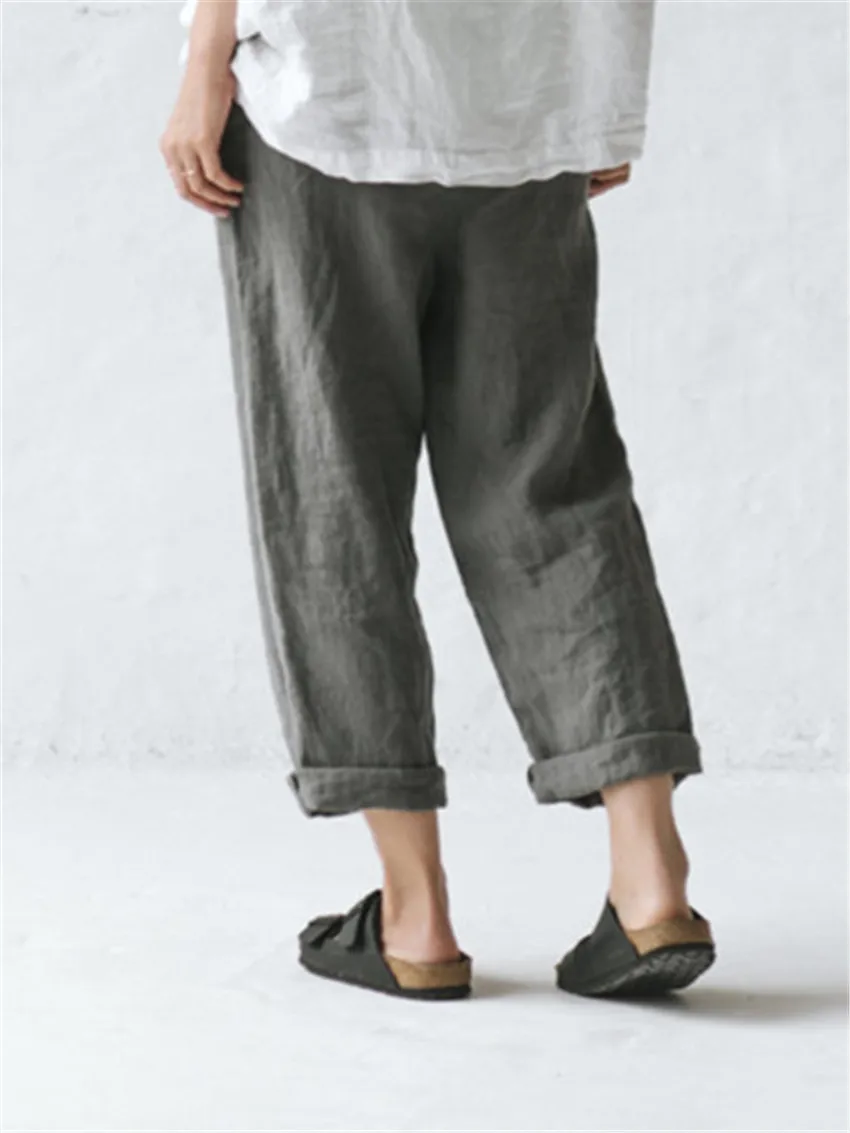 

European And American-Style Hot Selling Summer Women's Linen with Pockets Button Casual Pants
