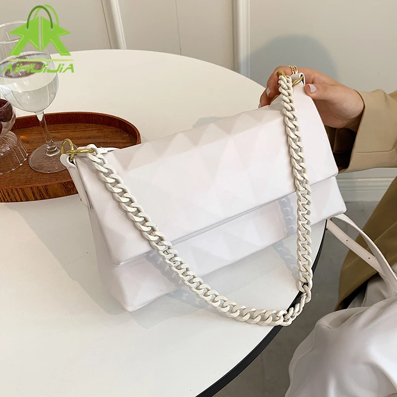 

Fashion High Quality PU Leather Fold Over Shoulder Messenger Bags Diamond Lattice Handbags 2021 New Casual Chain Crossbody Bags
