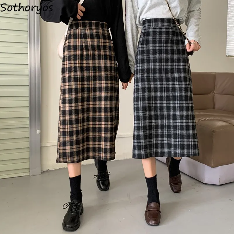 Stylish S-5XL Long Skirts Women High Waist A-line Retro Plaid Autumn Tender Back Split Classic Daily Ladies Streetwear Bottoms