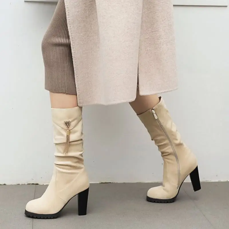 

Taoffen Plus Size 32-48 Women High Heel Boots Zipper Platform Winter Mid Calf Boots Fashion Ladies Winter Shoes Woman