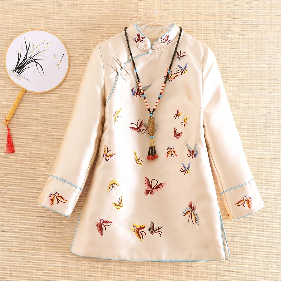 

Женская Осенняя куртка в китайском стиле, элегантная свободная трапециевидная куртка в стиле ретро с вышивкой бабочки, Новинка