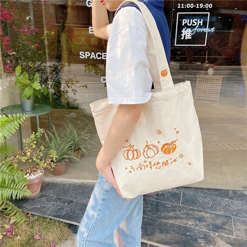 

Ladies Cloth Totes Shoulder Bag Chinese Character Embroidery Women Cotton Shopping Women Canvas Eco Reusable Shopper Bags