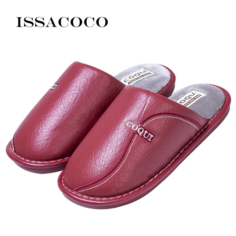 Red ISSACOCO/женские тапочки; Домашние кожаные зимние водонепроницаемые теплые домашние тапочки; женские домашние тапочки; Terlik - Цвет: Red