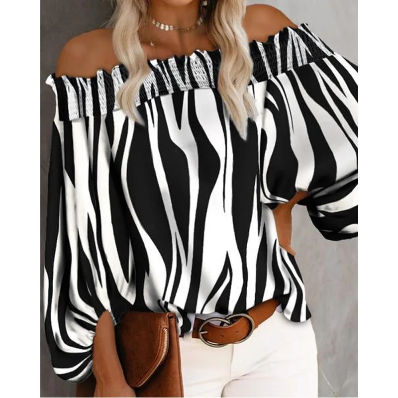 

Plus Size 5XL Stripe Women's Blouse Long Flare Sleeve Off The Shoulder Loose Female Blouses 2021 Casual Fashion Loose Ladies Top